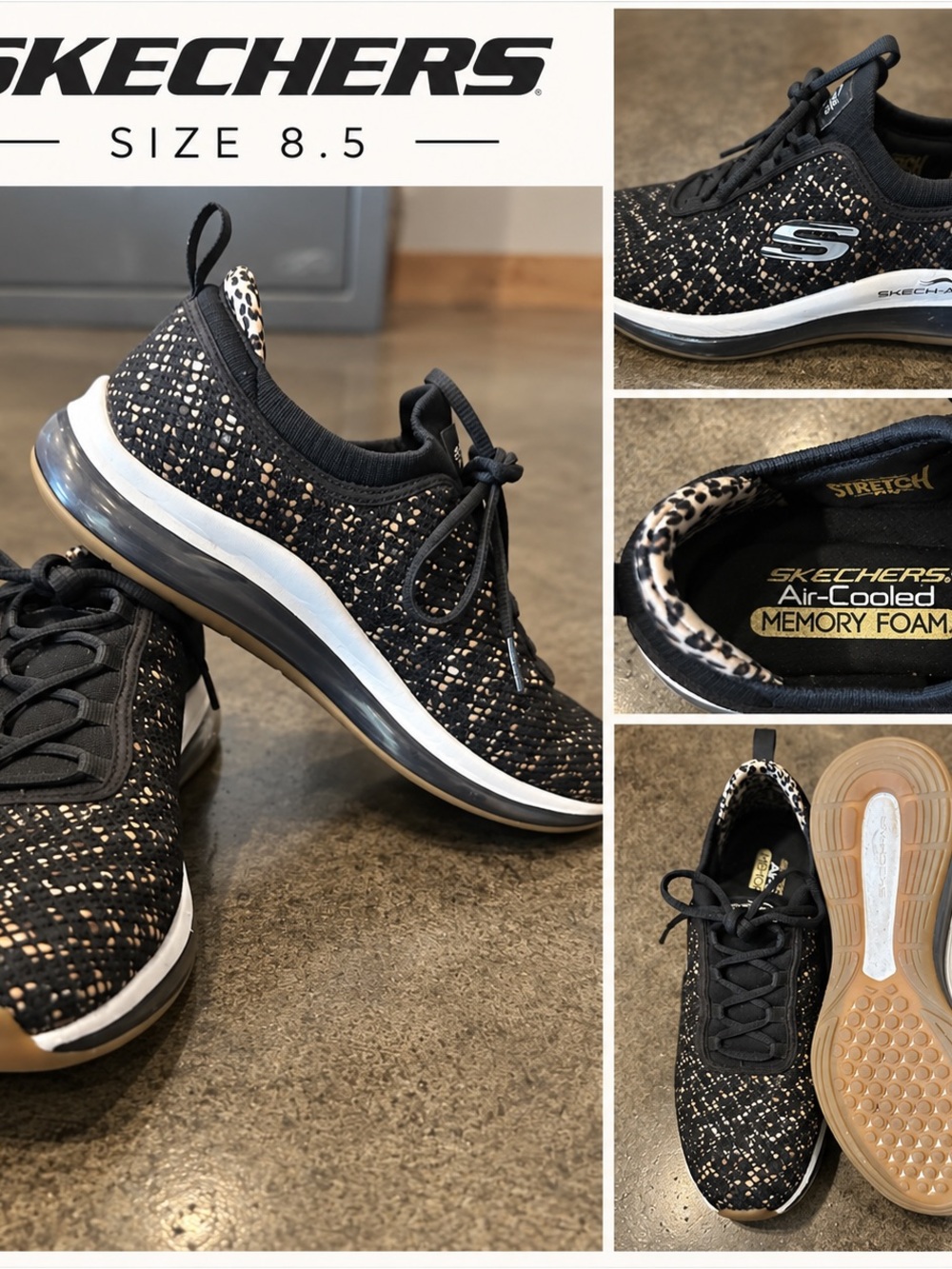 Skechers Black Knit Slip-On Sneakers with Leopard Accent